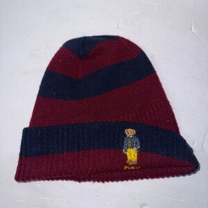 Polo Ralph Lauren Men’s Rugby Stripped BEAR Knit Beanie Hat Wine, One Size .